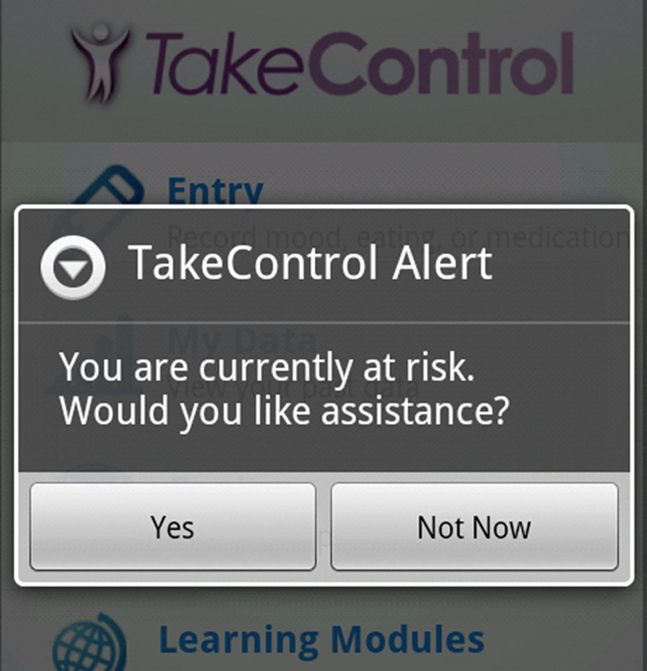 The TakeControl app for binge eating provides an alert: "You are currently at risk. Would you like assistance?"