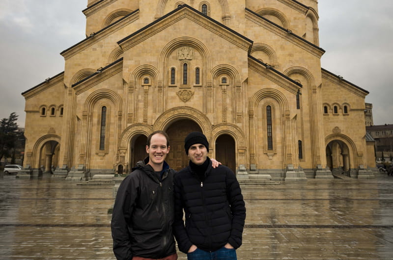 Alex Krengel and Guram Gotsadze outside the Sameba Cathedral in Tbilisi.