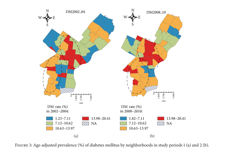 Maps show the prevalence of diabetes in Philadelphia zip codes in 2002 and 2010.