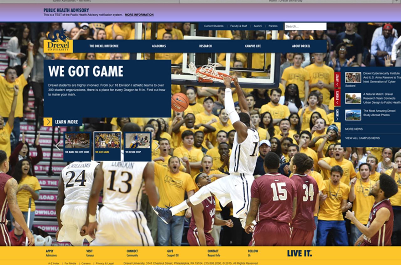 A purple alert strip would go across the homepage of Drexel.edu in the event of the Public Health Advisory Committee issuing a public health alert.