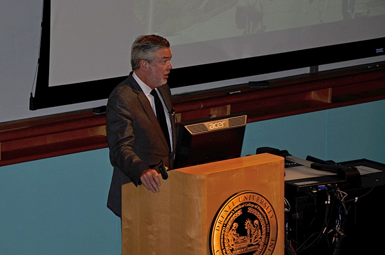 President Fry speaking during the third town hall of 2015 on the University's refreshed strategic plan.
