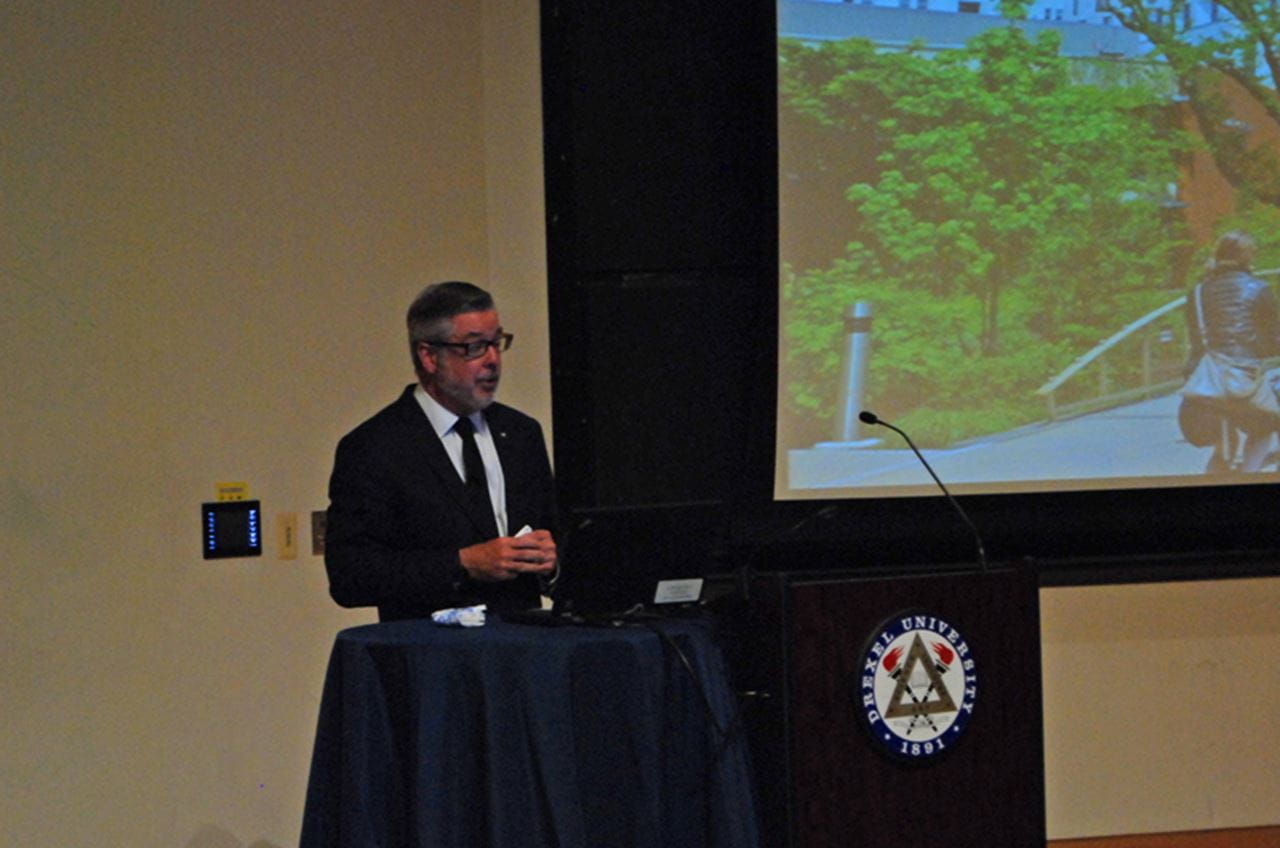 President John Fry speaking during the first strategic plan faculty and staff town hall meeting this year.