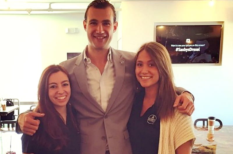 Kelsey Goslin and Meghan Regan with Nick Bayer, CEO and founder of Saxbys Coffee, on the opening day of Drexel's Saxbys.