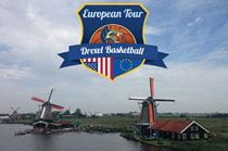 The logo for the women;s basketball team's trip to Europe overtop a scene of the Dutch countryside with windmills.