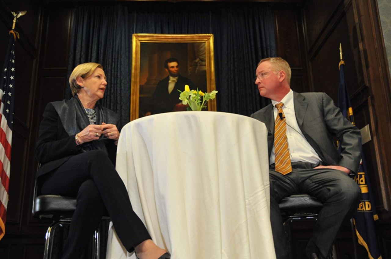 Kullman during an on-stage discussion on the engineering industry with College of Engineering Dean Joseph Hughes, PhD. Photo by David Gehosky.