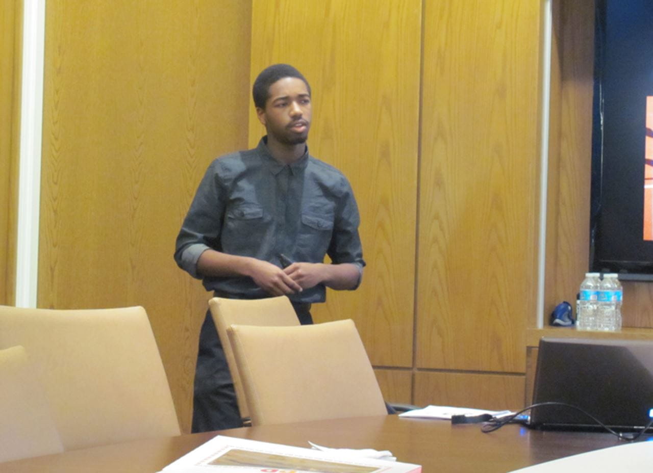 Joshua Williams, a junior from George Washington Carver High School of Engineering and Science, presents on his experience as a WesGold Fellow to Drexel faculty and staff.