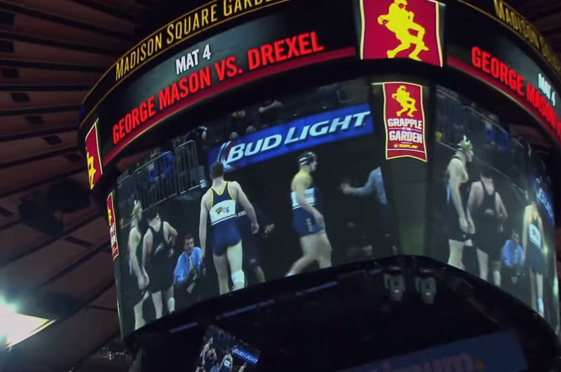 Drexel wrestling on the video screen at Madison Square Garden.