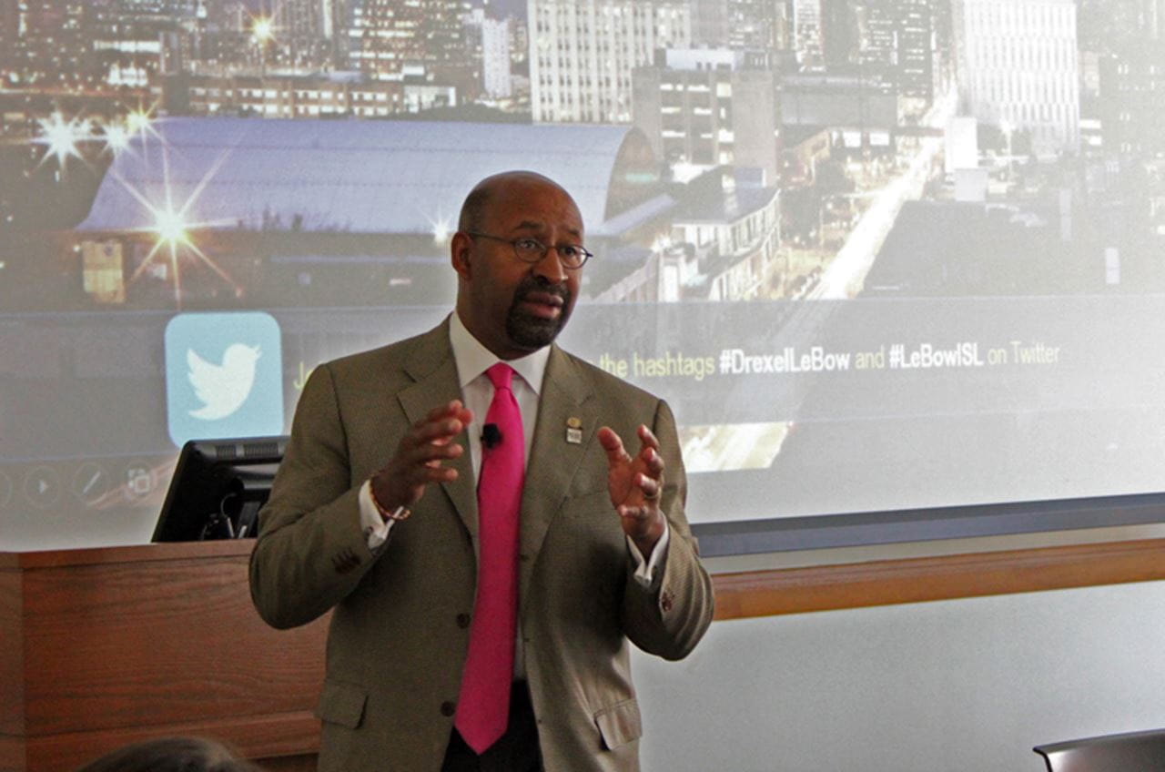 Nutter explained that "vision" is an important quality of leadership in a lecture in Gerri C. Lebow Hall. Photo by Natalie Shaak.