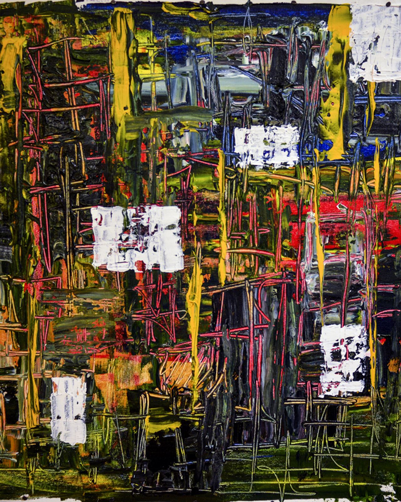 Sangmeister's textured abstract oil paintings are inspired by artists such as expressionist Jackson Pollack.