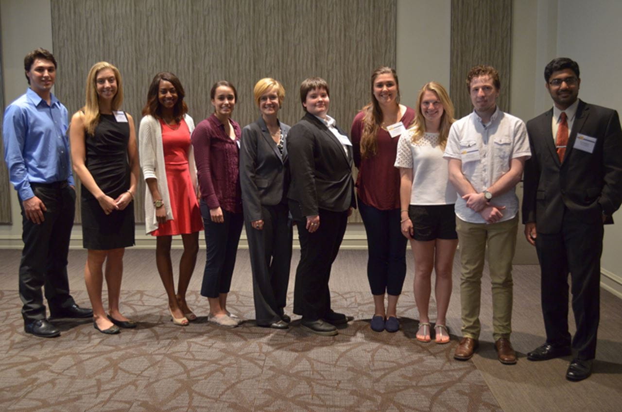 The 2015 Cooperative Education Award student winners, from left, Edmund Lynn, Pepco Holdings, Inc.; Lia Arakelian, Bimbo Bakeries; Hailey Smith, Steinbright Career Development Center; Danielle Cole, Children's Hospital of Philadelphia; Nicole Dykstra, Philadelphia Zoo; Colleen Blaho, recipient of the Bentley Systems Career Networking Award; Alexandra Zeitz, High Street on Market; Casey Sneider, The Math Forum; Alexander Koszycki, Sanofi; and Rishon Benjamin, Inolex, Inc.