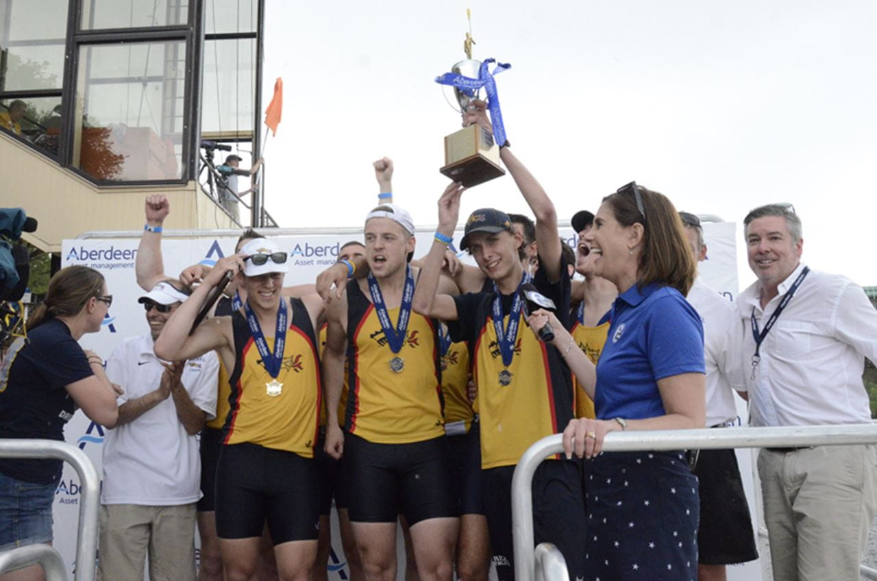 The men's varsity eight team celebrating at last year's Dad Vail Regatta.