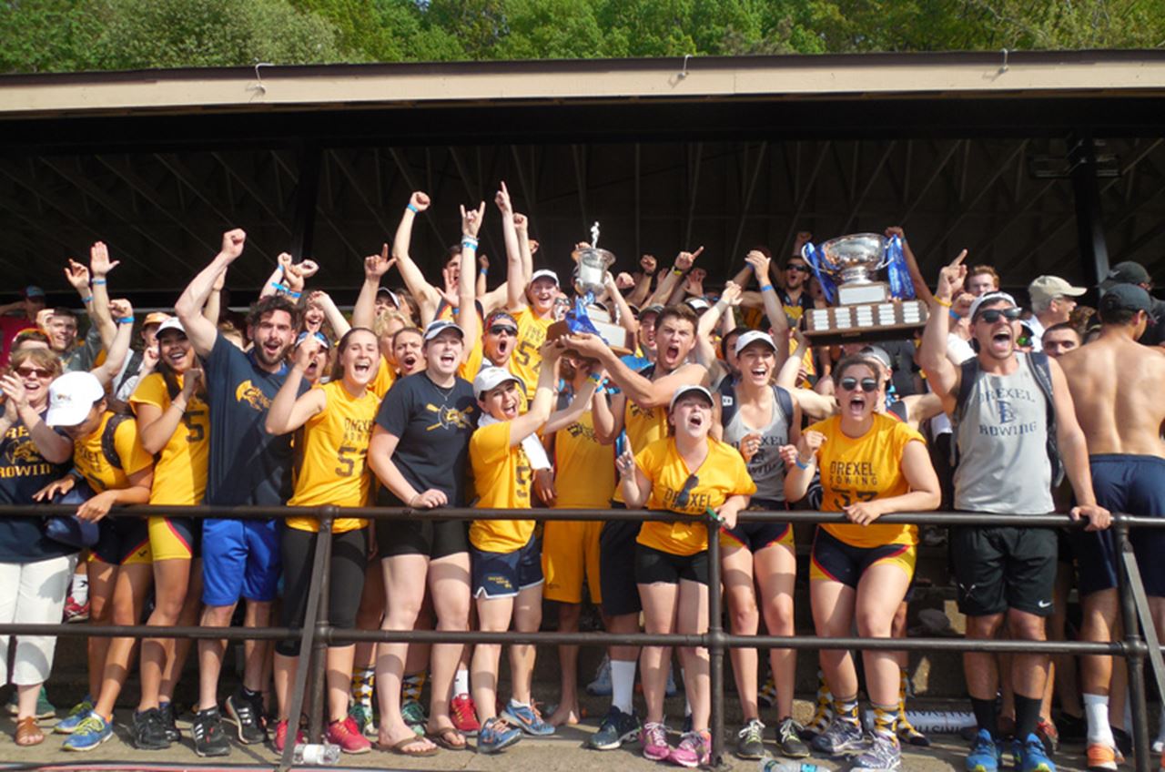 Drexel crew celebrating their third straight overall championship at the Aberdeen Dad Vail Regatta.