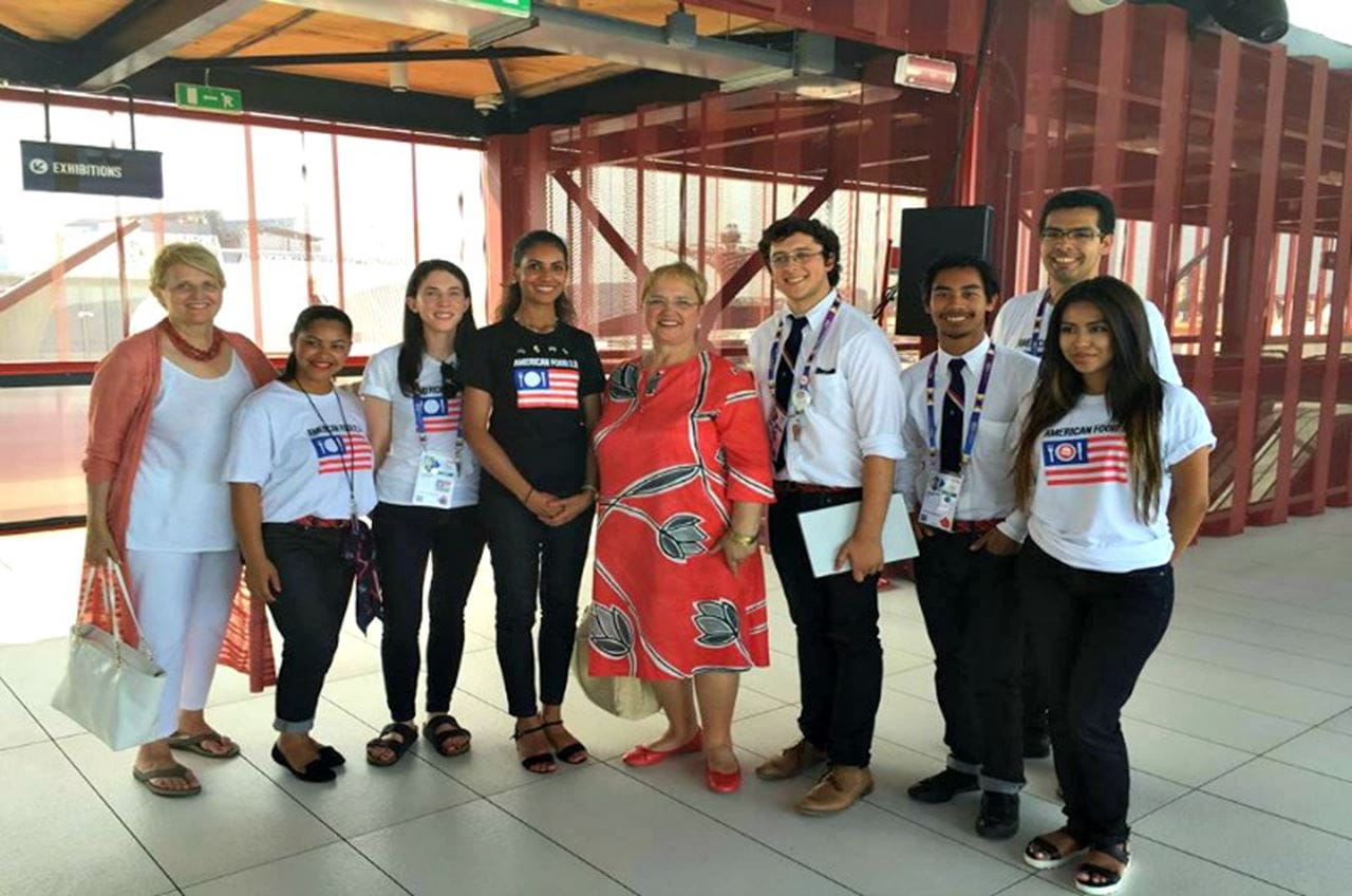 Peter Schoemer stands to the right of acclaimed celebrity chef Lidia Bastianich, center, when she visited the Milan Expo. Photo courtesy The US Pavilion Milano 2015. 