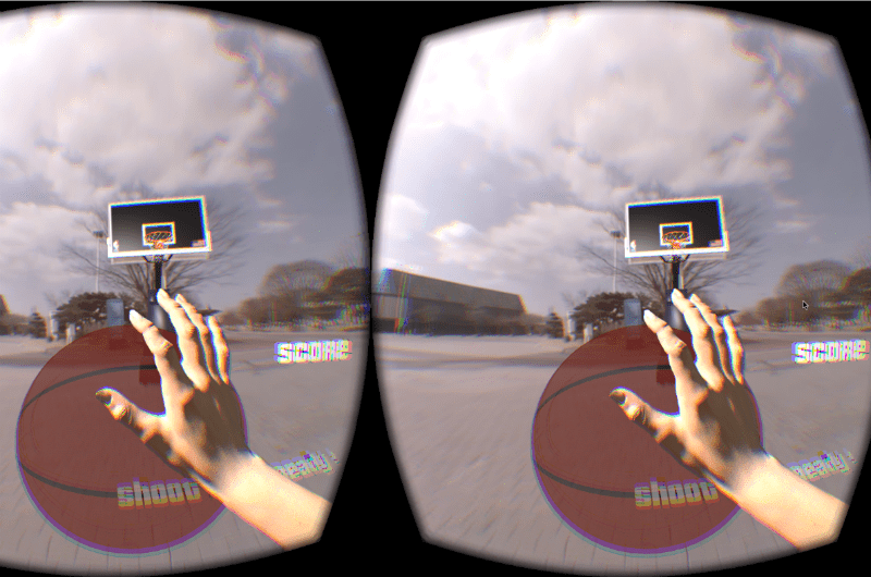 A screenshot of a basketball throw game Gupta designed using Oculus Rift and Leap Motion technology.