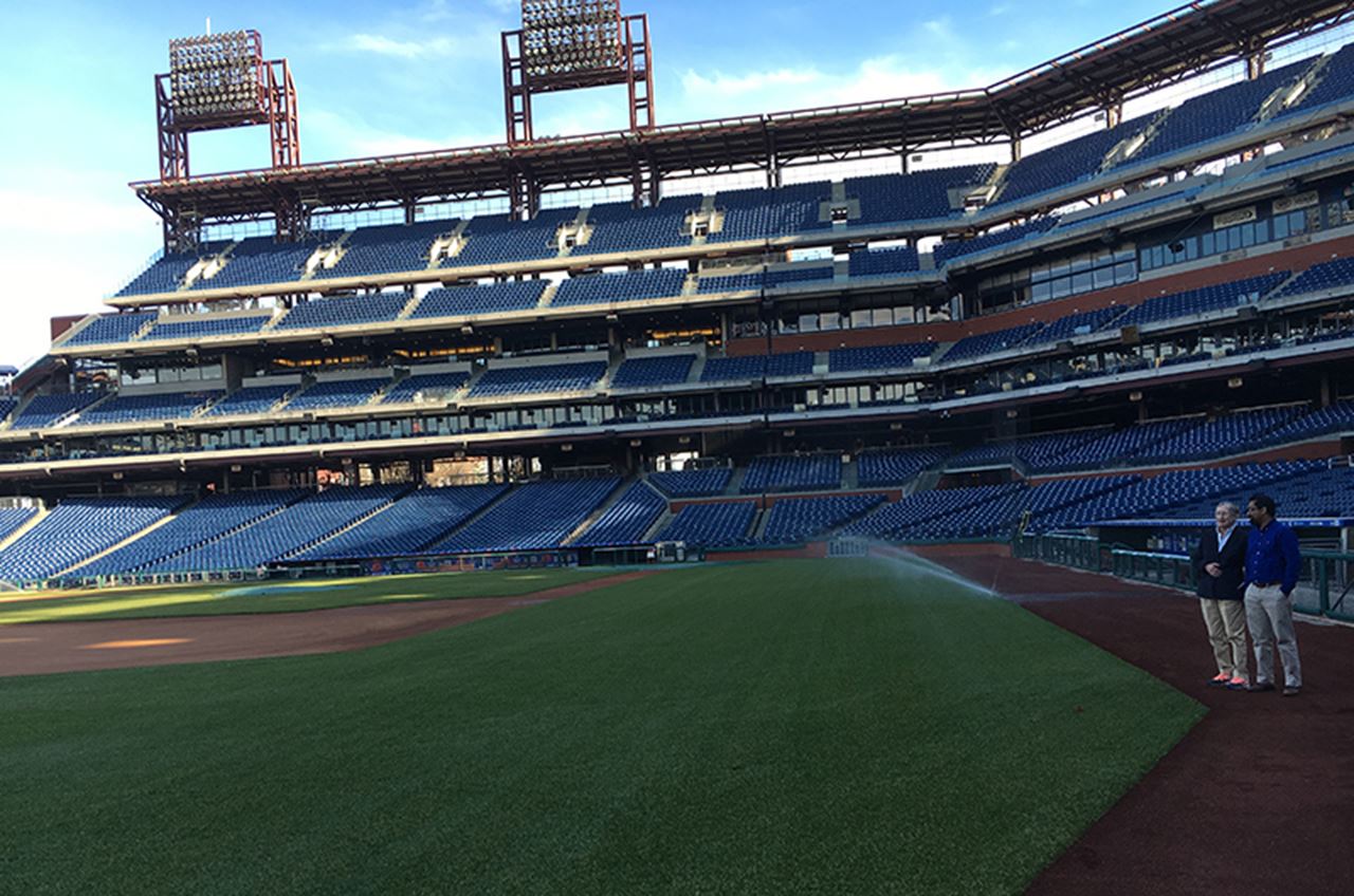 Casey Turner and Subir Sahu take in the expanse of Citizens Bank Park.