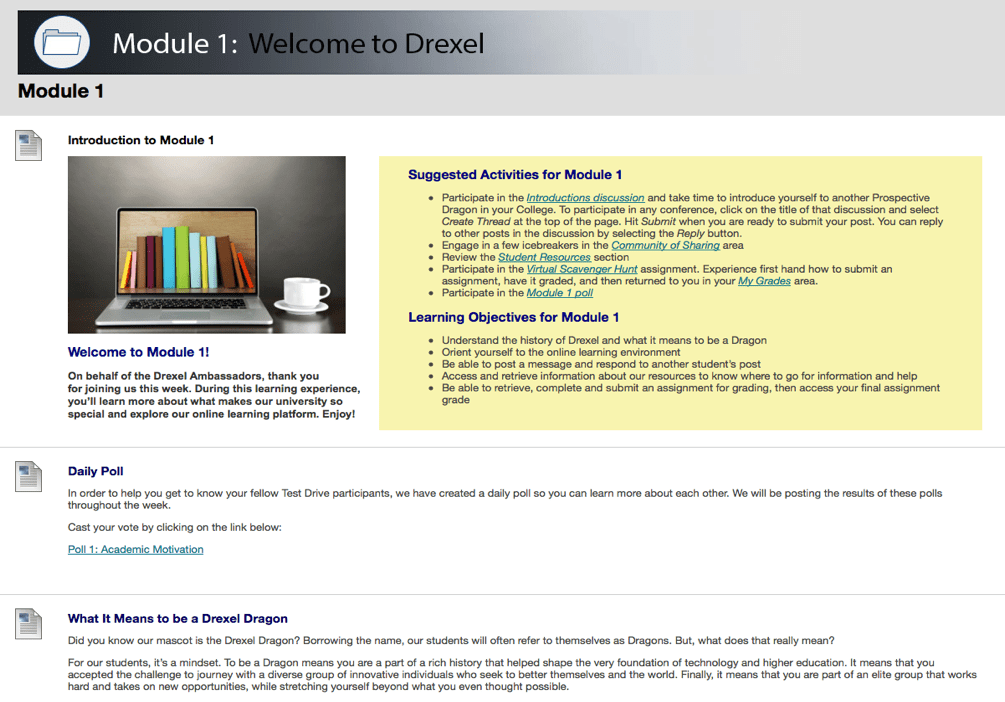 A screenshot of Drexel University Online’s virtual Test Drive, which allows potential students to test out Drexel’s virtual learning environment for a week at no cost before they apply. 