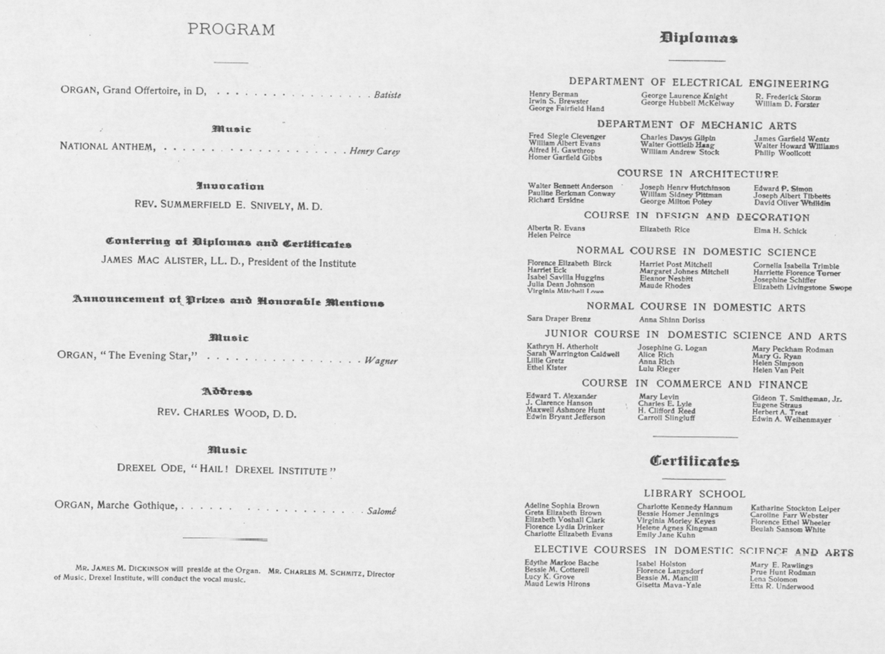 Drexel's 1900 commencement book, featuring William Sidney Pittman.