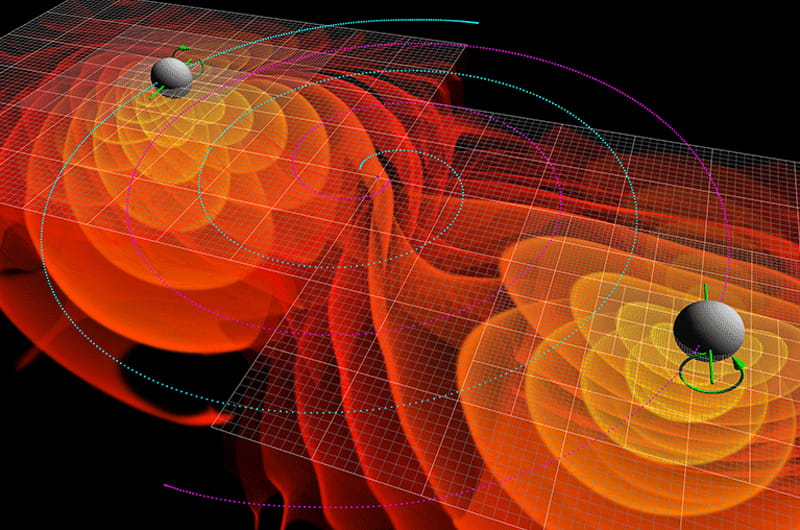 A depiction of black holes merging and the gravitational waves that emit from them.