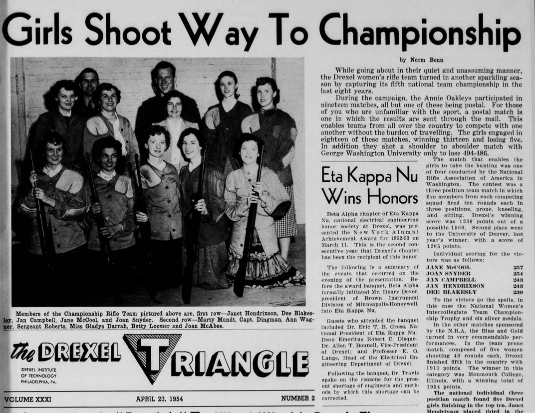 The women's rifle team was highlighted in The Triangle for their championship win, albeit with a sexist lede. Photo courtesy Drexel University Archives.