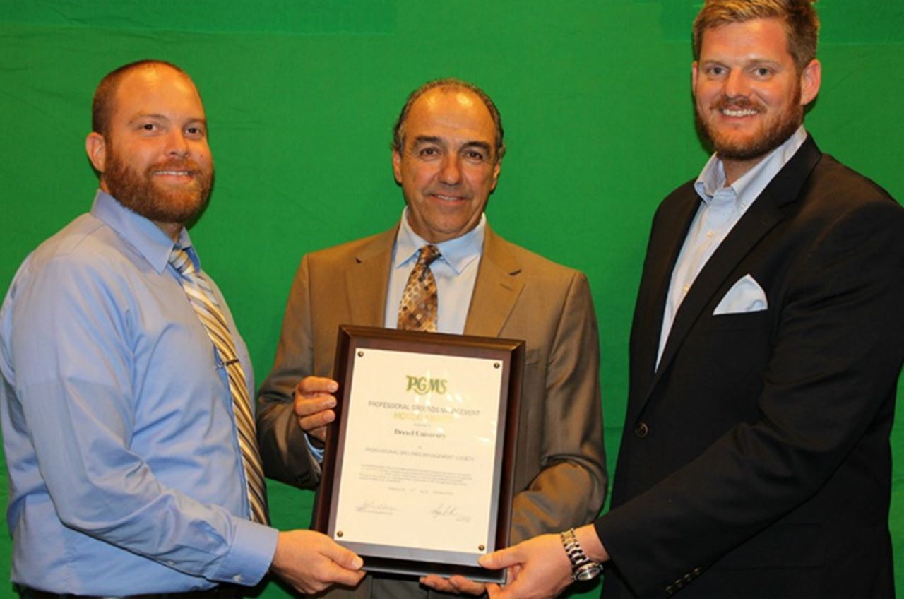 Left to right: Scott Dunham, Drexel's assistant director of the Grounds Department; John Doiron, PGMS President; and James Vecchione, executive director of University Facilities and Real Estate.