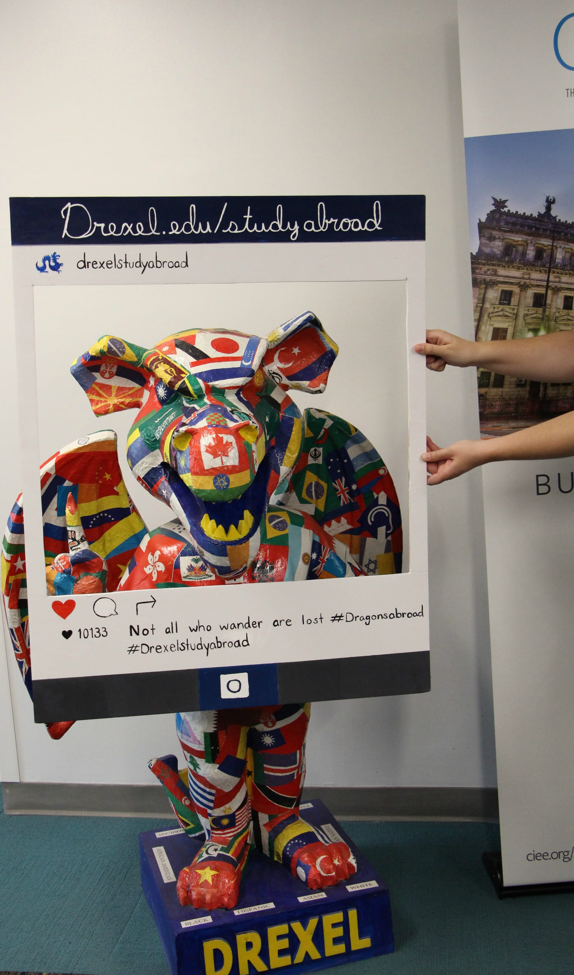 An international Mario the Dragon statue greeted Drexel students at the Passport Caravan event.