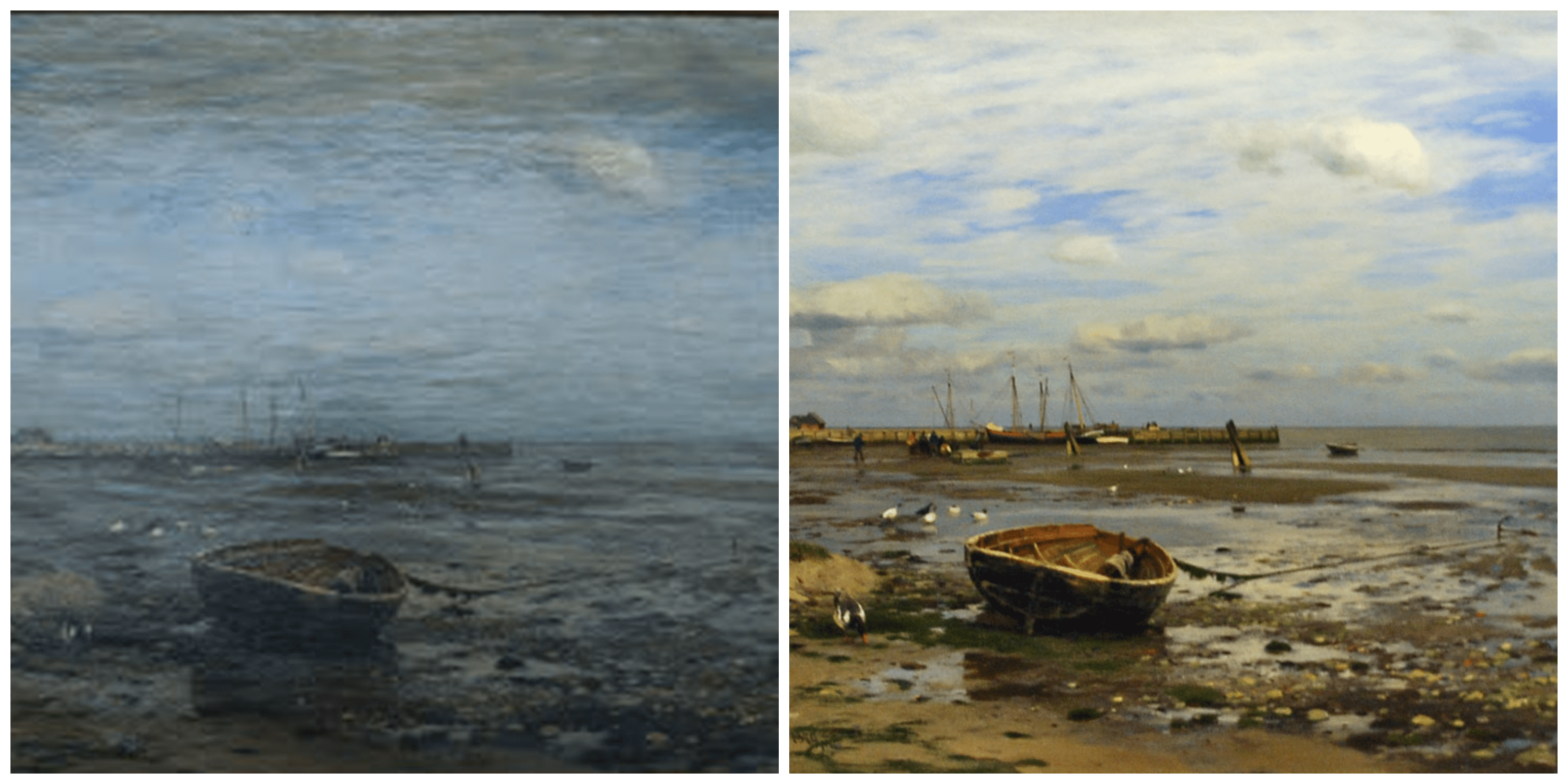 The “before” and “after” images of the painting “Isle of Sylt” (1879) by Eugene Gustav Dücker.