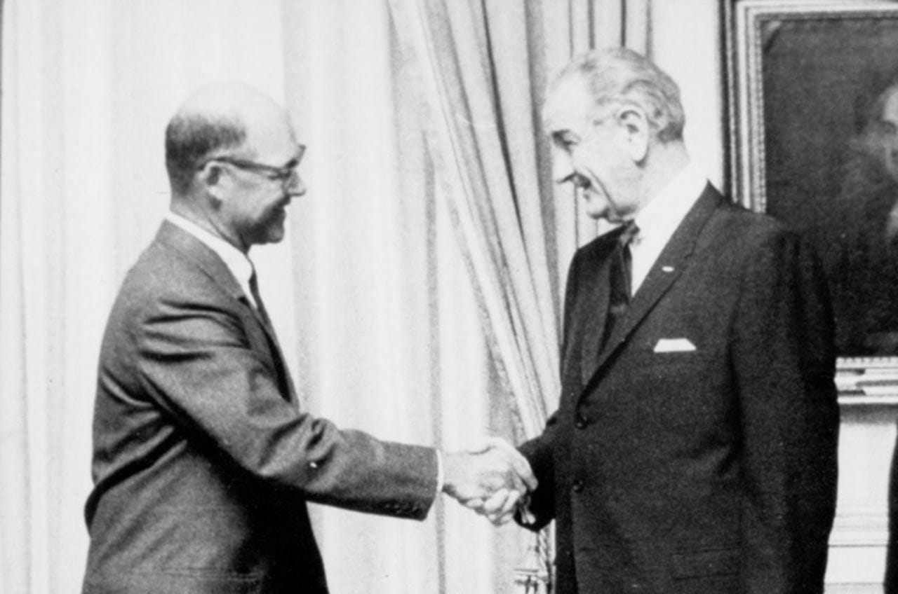 Drexel President William W. Hagerty photographed with Lyndon B. Johnson during Johnson's presidency. Photo courtesy University Archives.