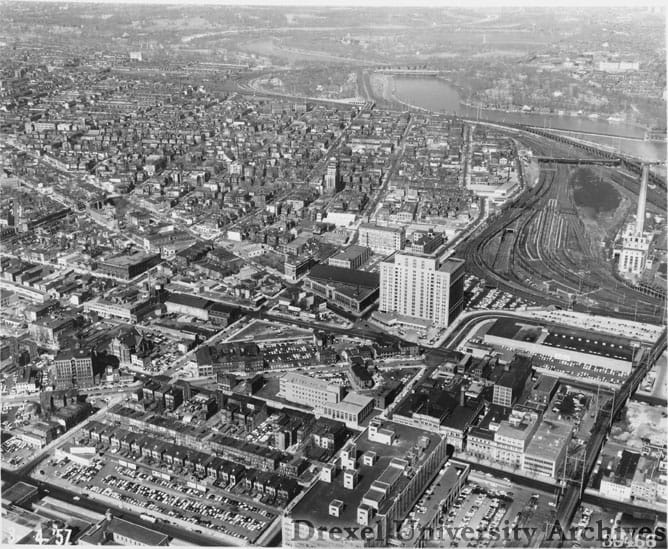 Aerial view of Drexel's campus, looking north from 32nd and Walnut Streets in 1957, when Gerber first began teaching here. Photo courtesy University Archives.