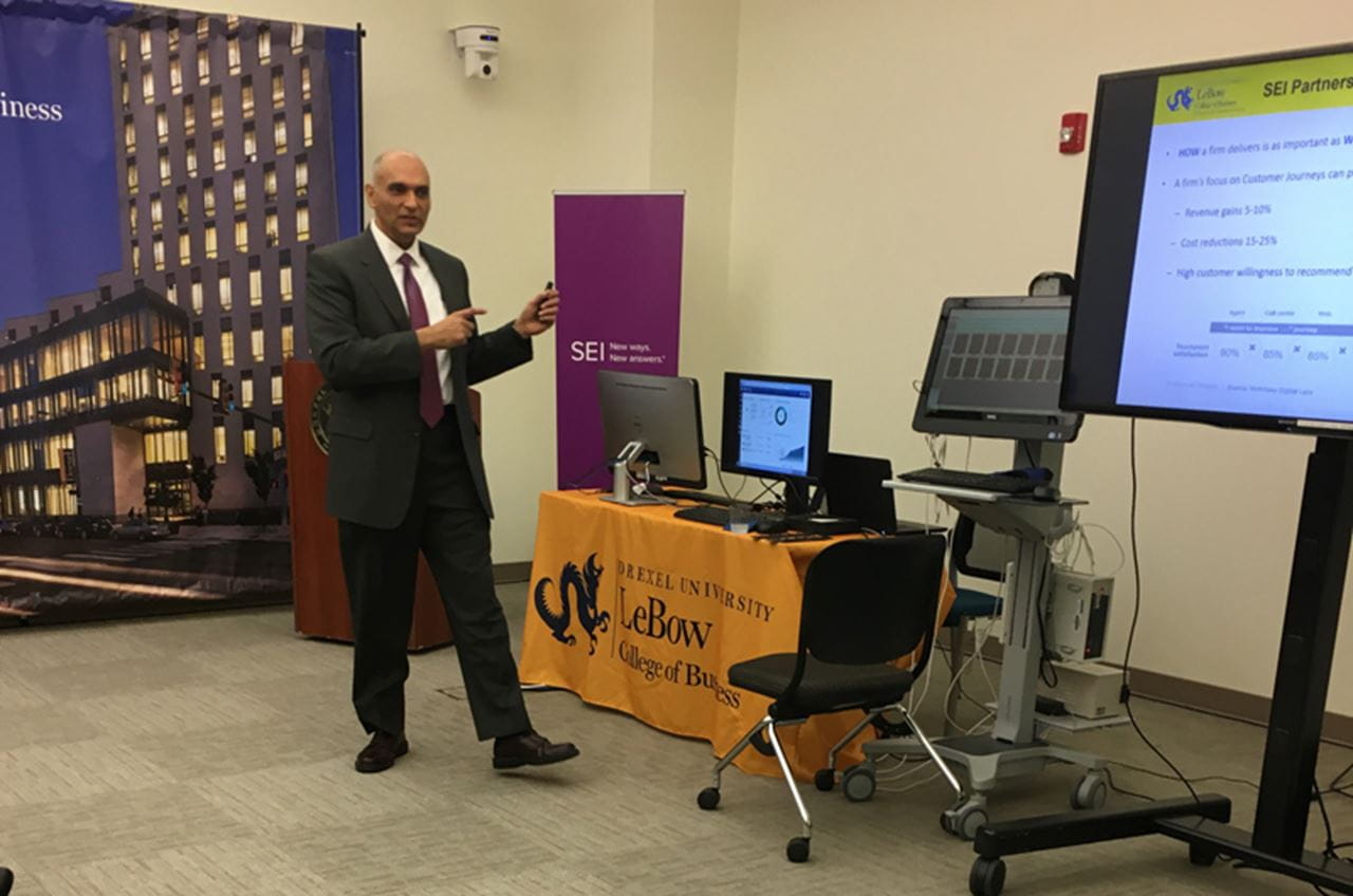 Image of Rajneesh Suri, professor at Drexel's LeBow College of Business, explaining the methodology behind the SEI study