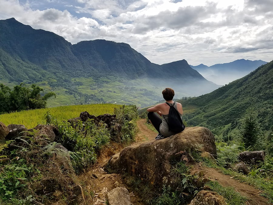 Jessica Fritz (environmental studies) overlooks rice fields and villages while in the Hoàng Liên Son Mountains in Northern Vietnam.