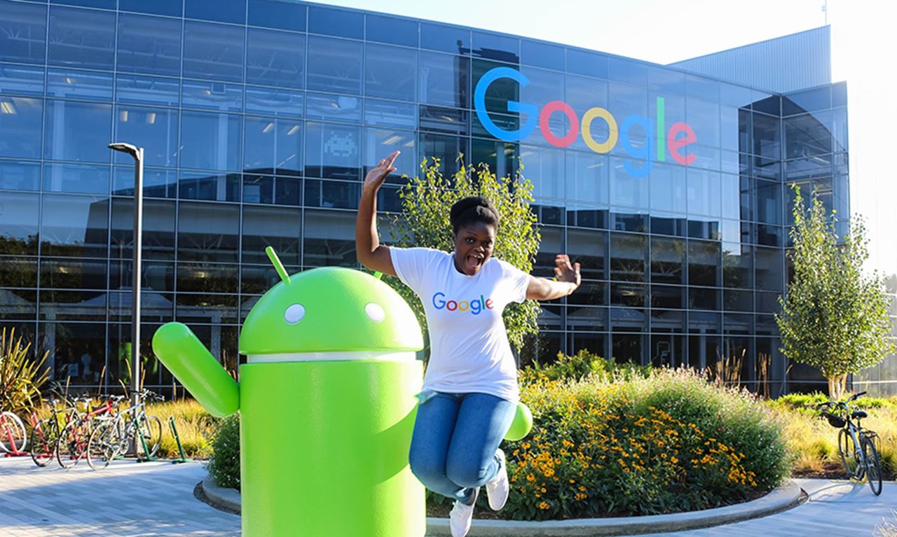 Samuella Takyi-Buachie (financing and marketing) jumps for joy during her co-op at Google's headquarters.