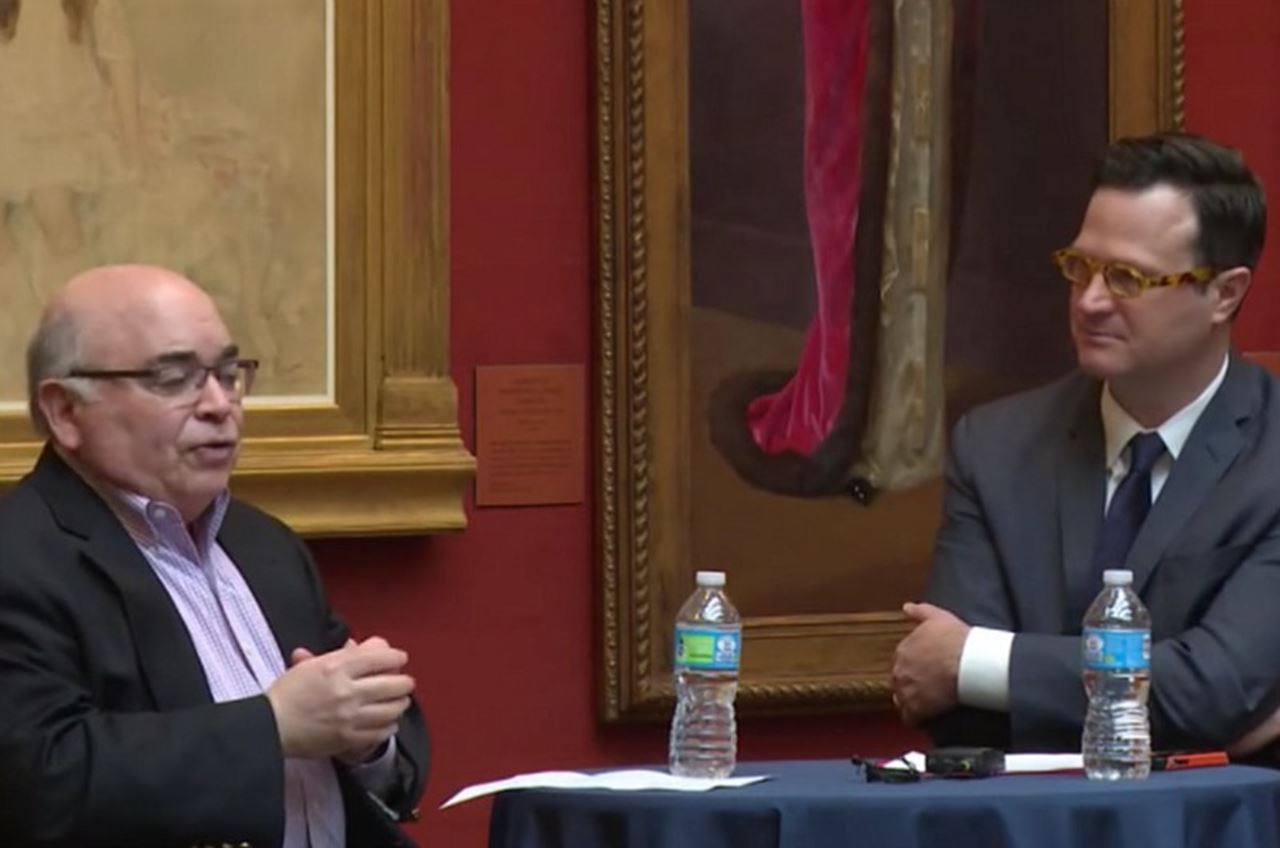 Mark Greenberg, PhD, left, former provost and senior vice president of academic affairs, pictured with Scott Gabriel Knowles, PhD, interim department head and associate professor in the College of Arts and Sciences, during a discussion for the free public lecture series last term. 