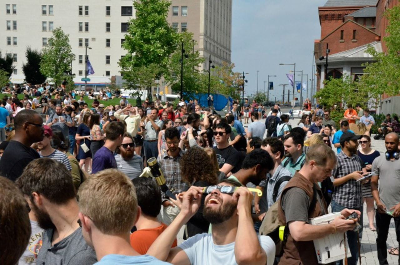 The eclipse viewing party in Perelman Plaza.