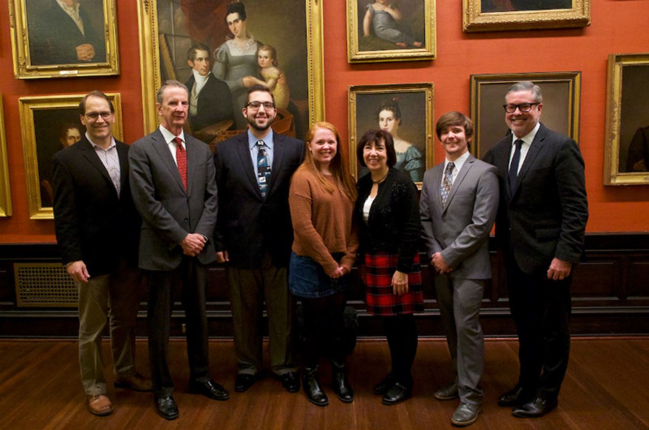 The Eagles Fly for Leukemia scholarship recipients alongside Drexel President John Fry. Photo by Mark Makela