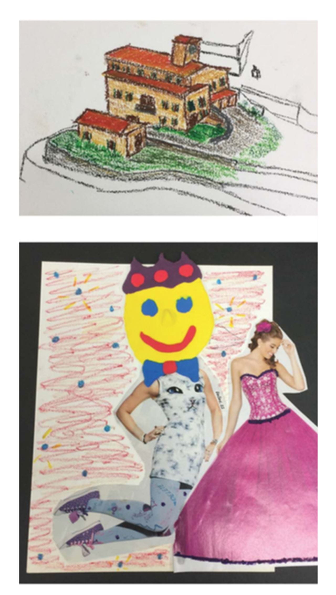 A colored sketch of a house and a collage/drawing