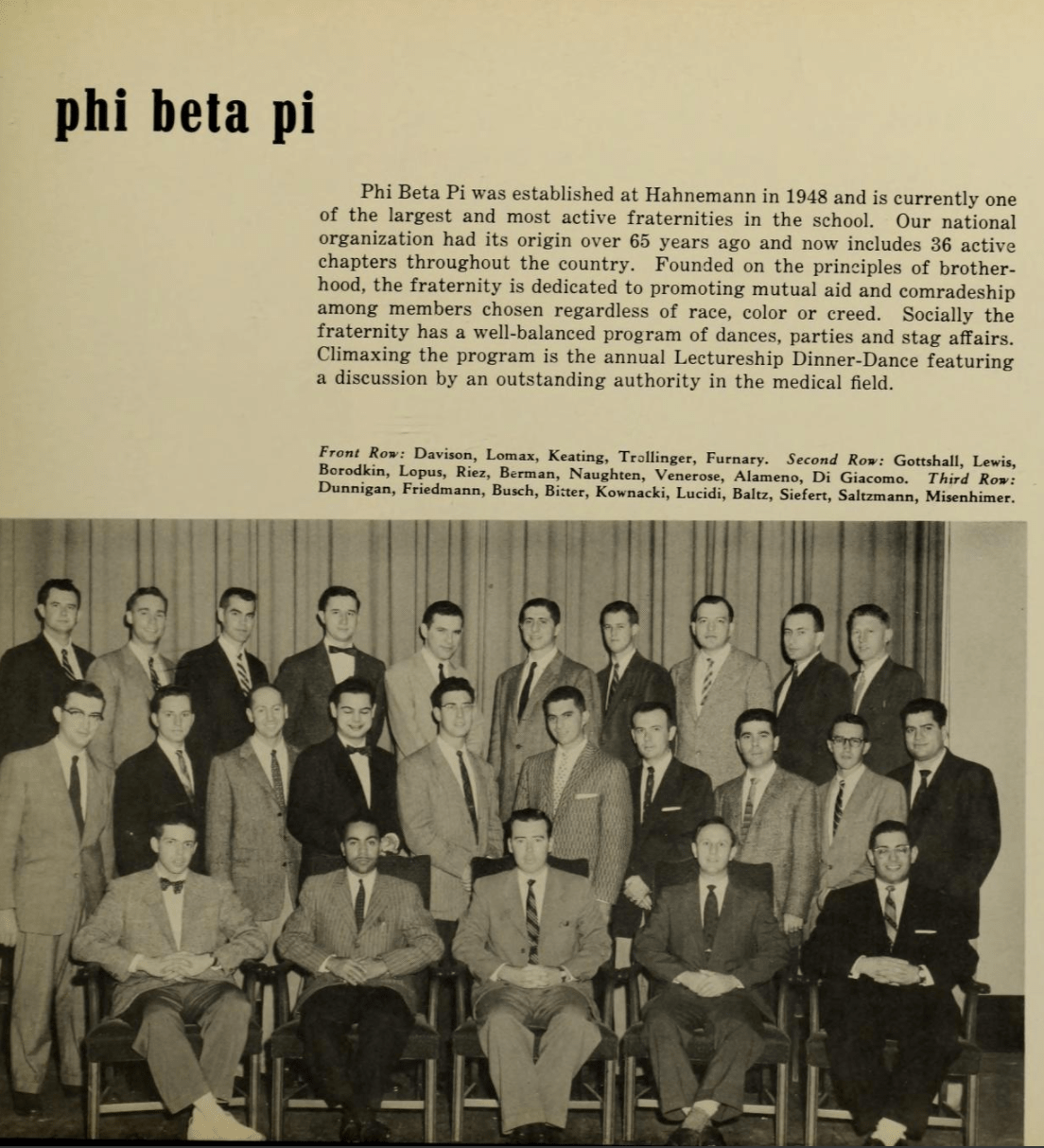 A scan from the 1957 Hahnemann yearbook for the Phi Beta Pi fraternity that Walter P. Lomax Jr, second from left in the front row in photo, joined.