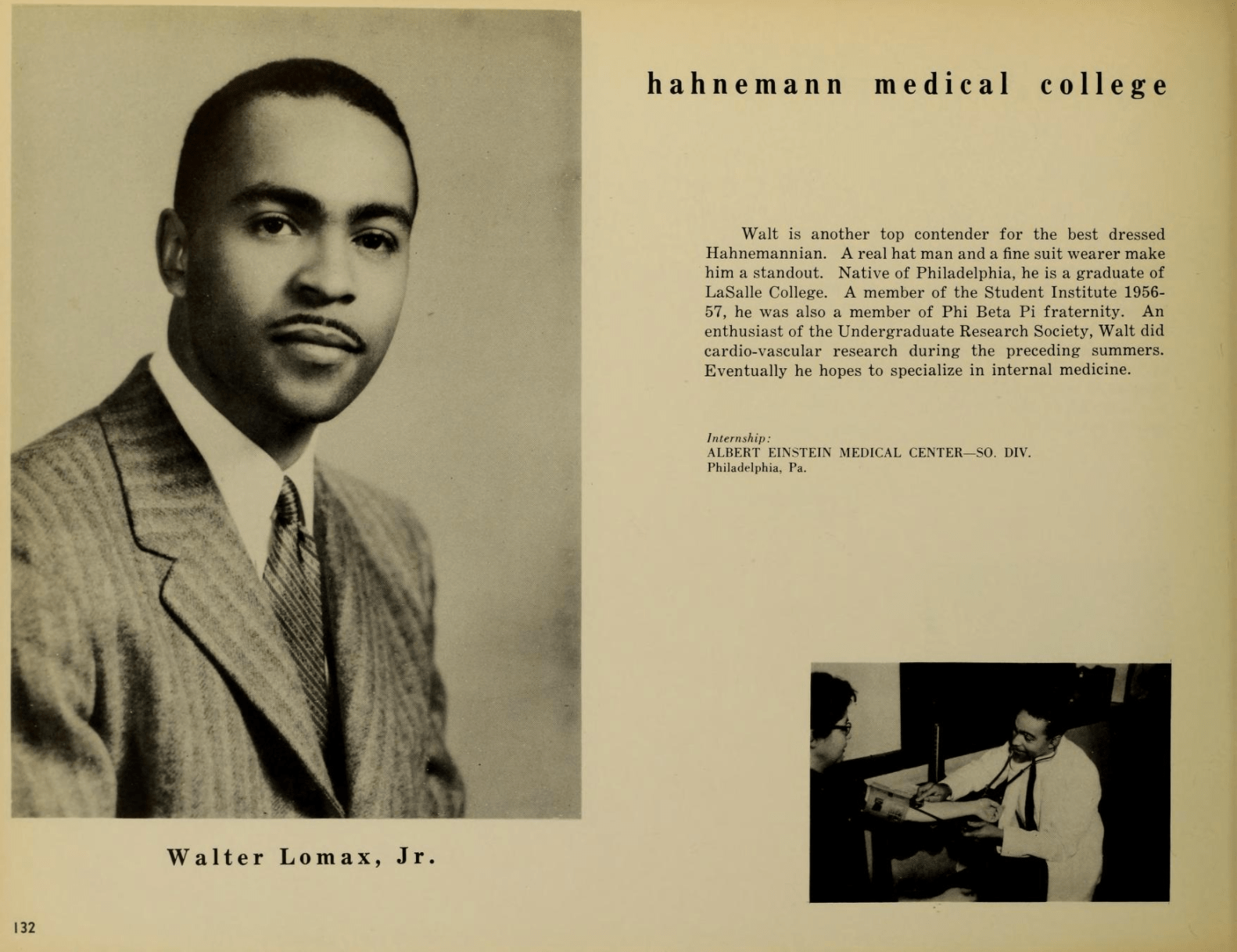 The 1957 Hahnemann yearbook entry for Walter P. Lomax Jr.