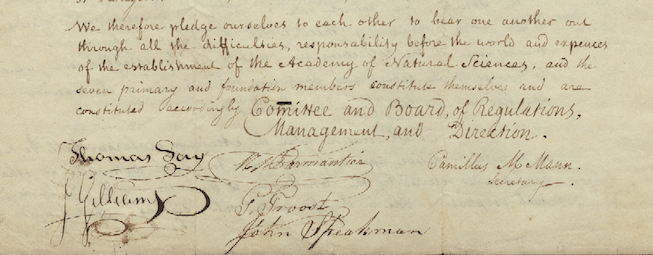 Founders' signatures from the Academy of Natural Sciences of Philadelphia Constitutional Act from 1812. Photo courtesy ANSP Archives coll. 527. 