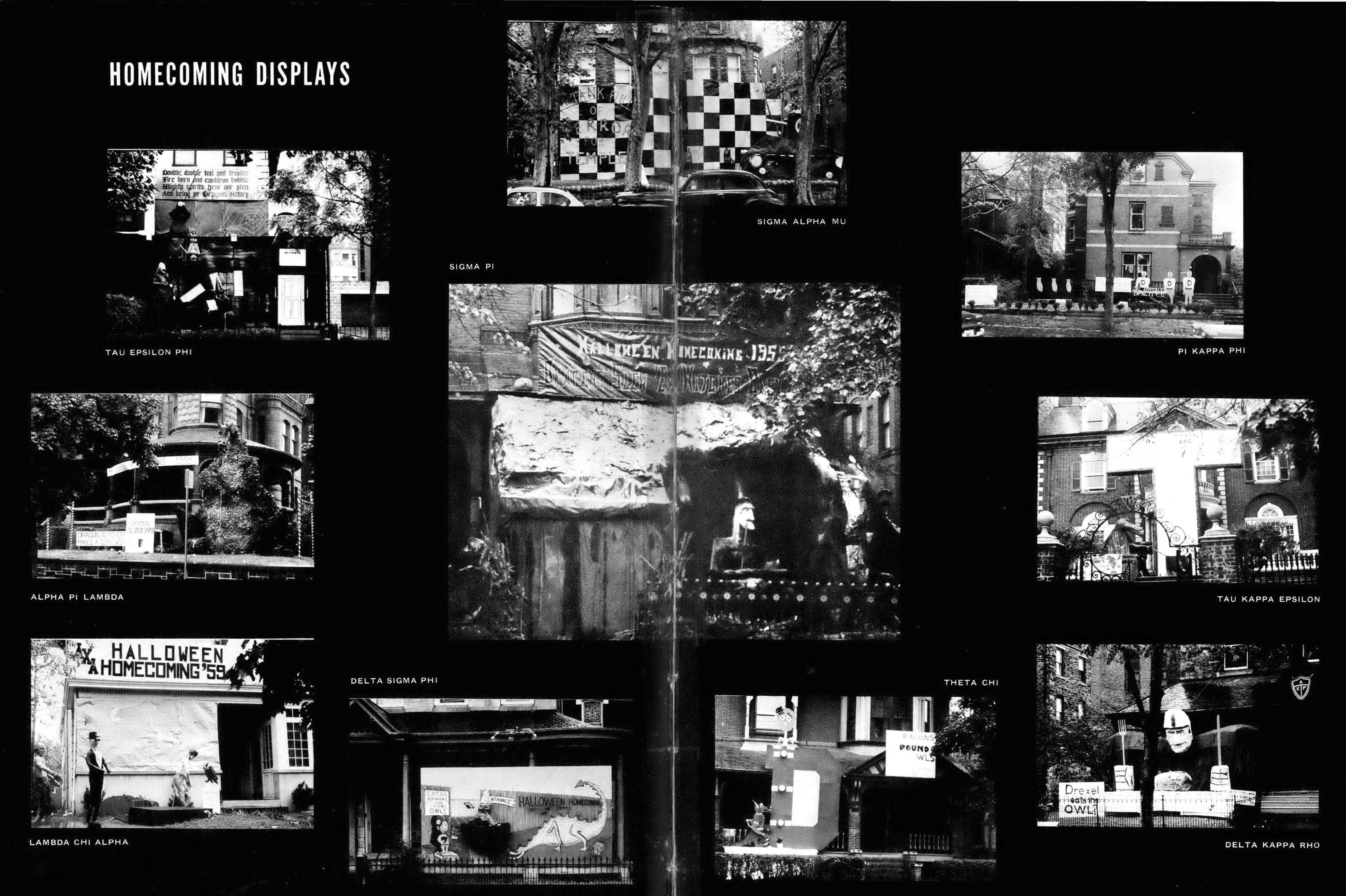 The various fraternity house decorations for Homecoming in 1959 from the 1960 Lexerd yearbook. Photo courtesy University Archives.