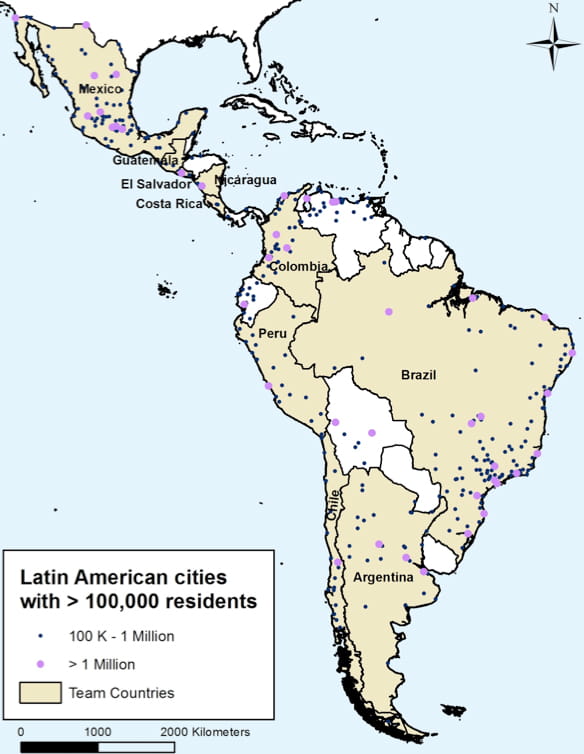 A map of Central and South America with dots locating different cities.