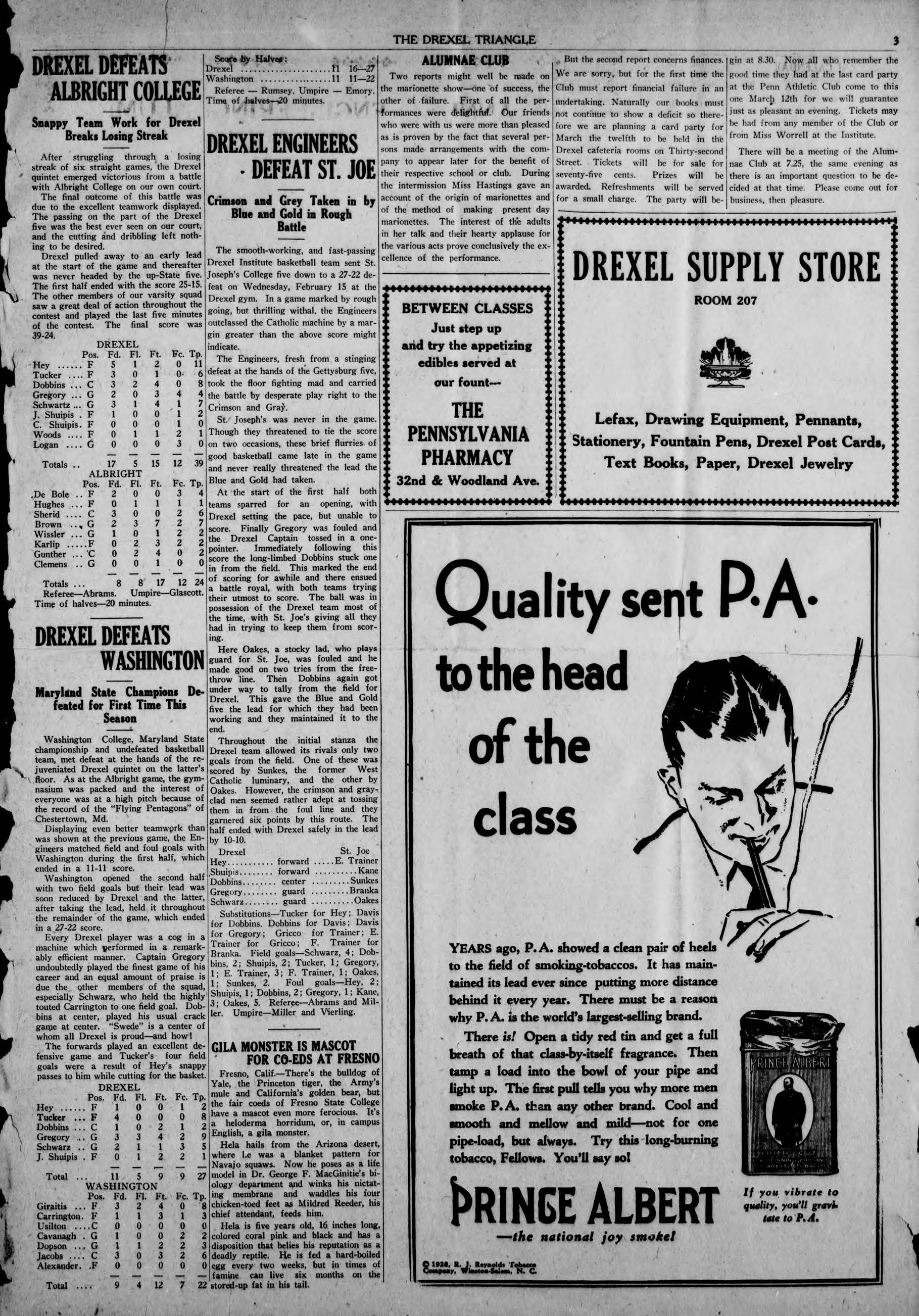 A page from The Triangle's Jan. 27, 1928 issue featuring an article, second from left, referring to the "Drexel Engineers." Courtesy University Archives.