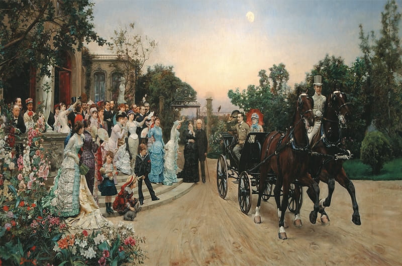 "After the Wedding" by Julius L. Stewart was painted in 1880 and donated to Drexel University by the founder after his death. It supposedly features members of the Drexel family at a wedding between the founder's daughter and the artist's brother. Photo courtesy The Drexel Collection.