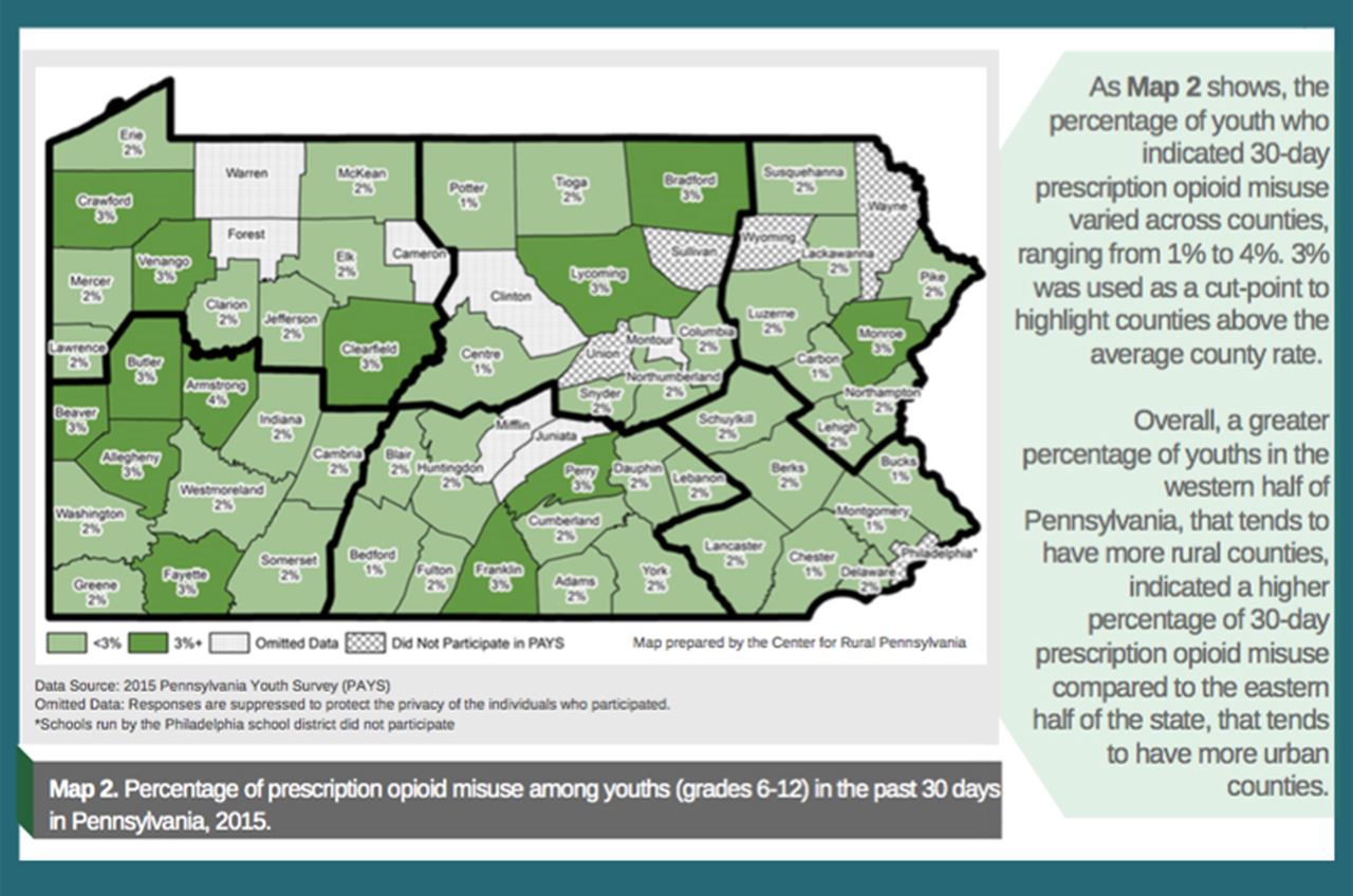 A map depicting the rates of misuse of opioids by youths in Philadelphia.