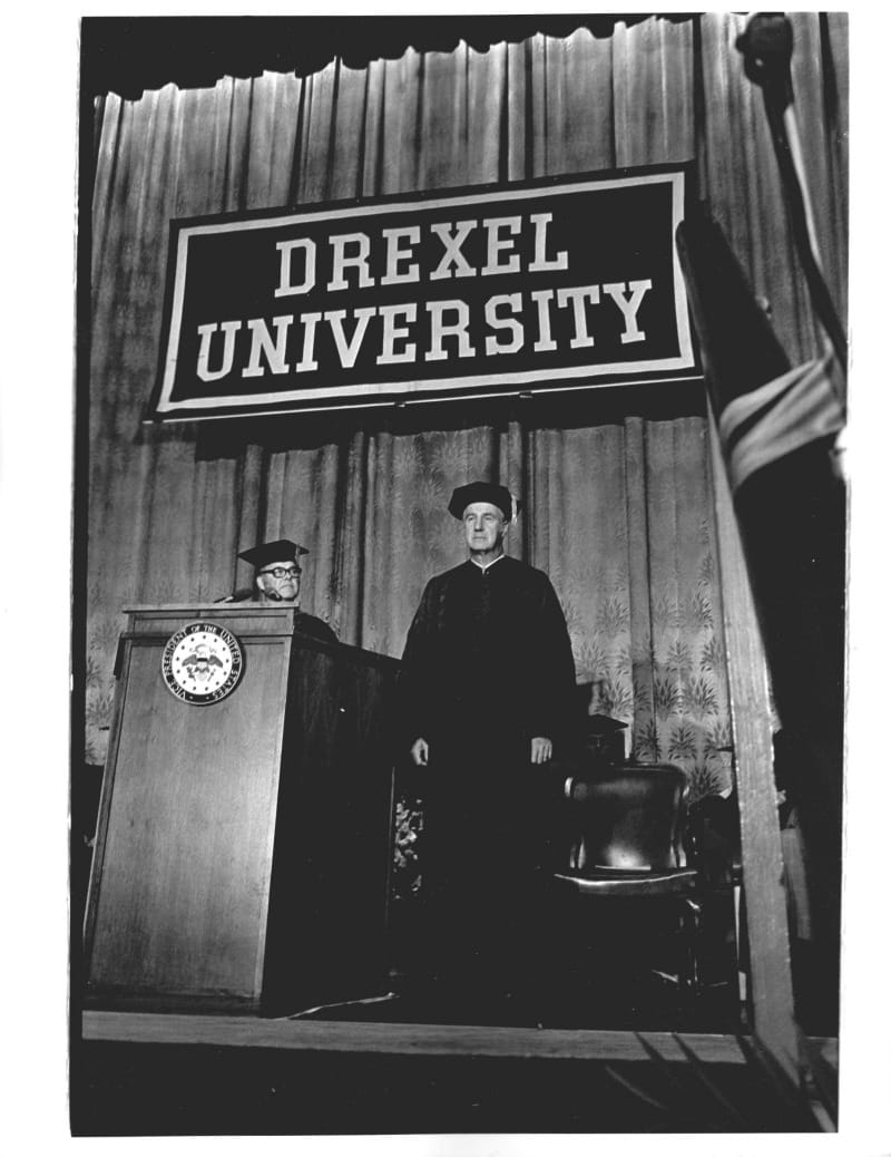 Vice President of the United States Spiro Agnew at Drexel University's 1973 graduation ceremony. Drexel President William Hagerty stands behind the podium. Credit Joe Tritsch, for one time publication only. Not to be loaned, syndicated or used for advertising without written permission.