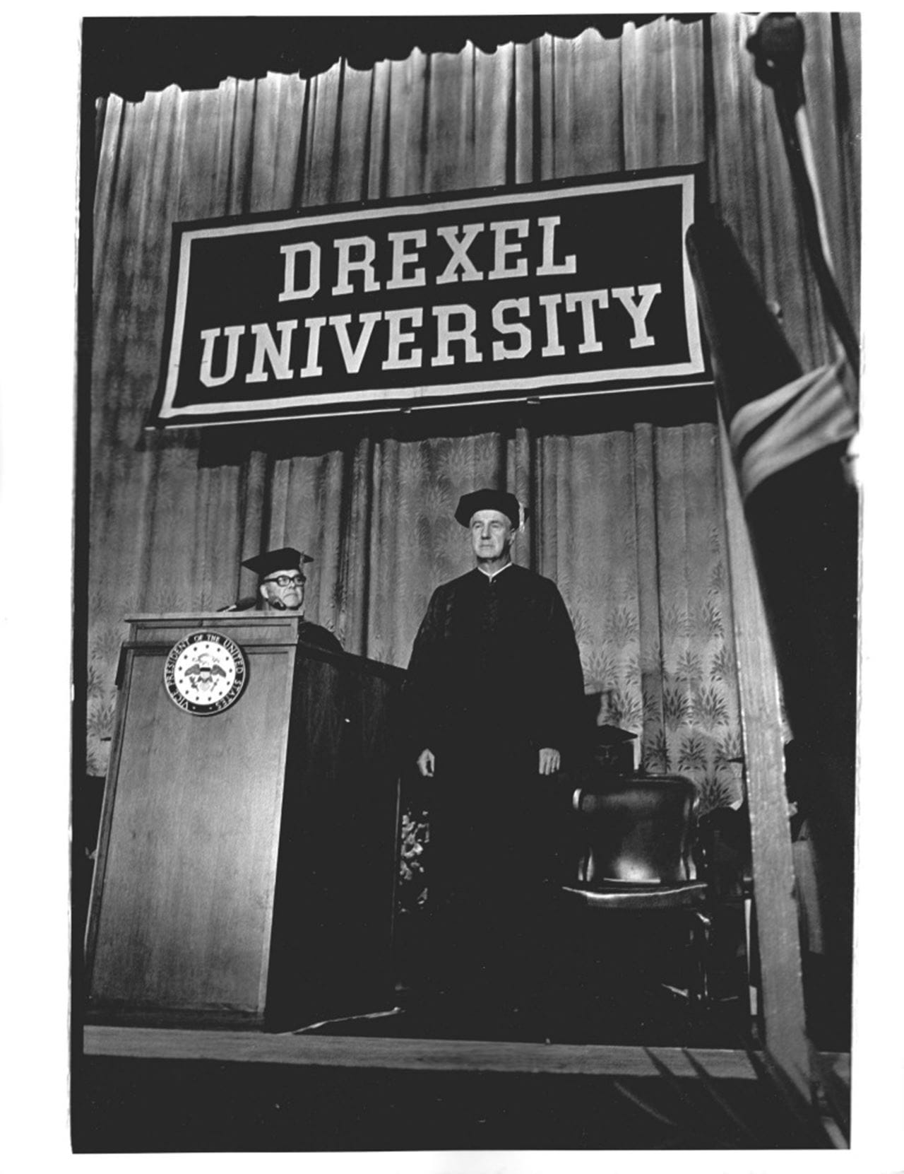 Vice President of the United States Spiro Agnew at Drexel University's 1973 graduation ceremony. Drexel President William Hagerty stands behind the podium. Credit Joe Tritsch, for one time publication only. Not to be loaned, syndicated or used for advertising without written permission.