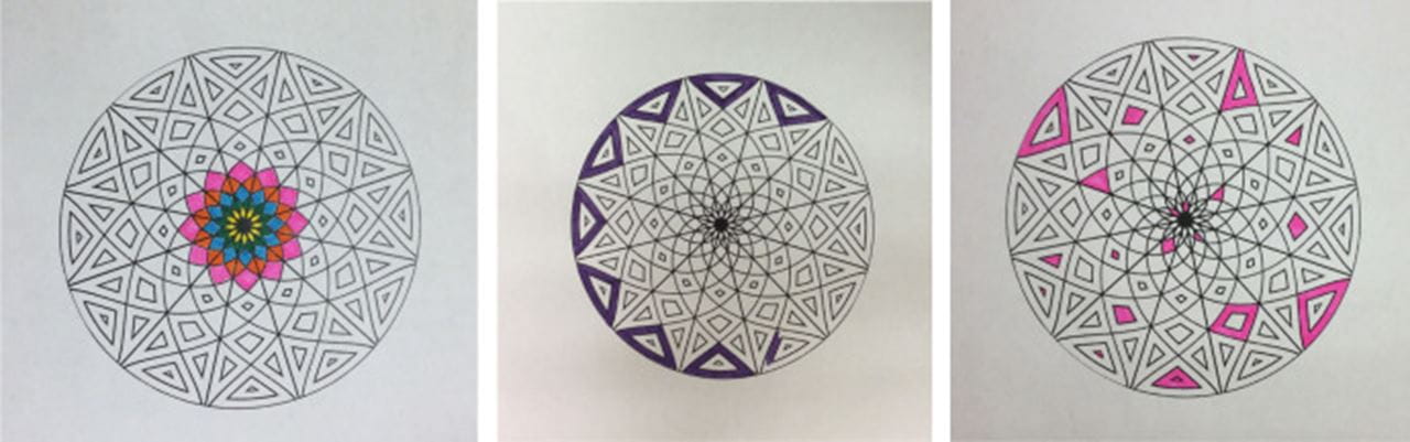 A collection of three partially colored mandalas.