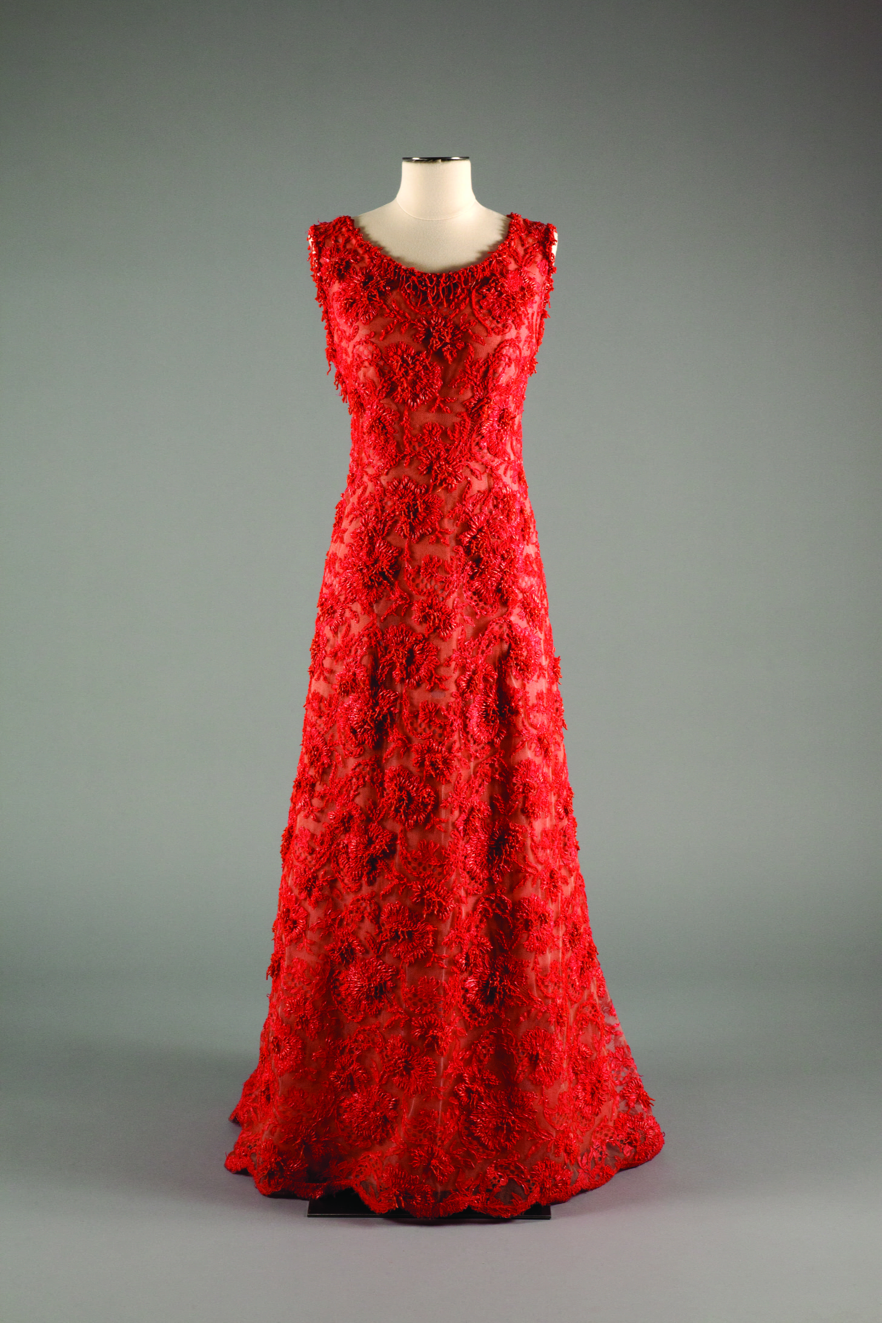 Hubert de Givenchy coral and lace evening gown worn by Her Serene Highness, Prince Grace of Monaco, circa 1964 France. 