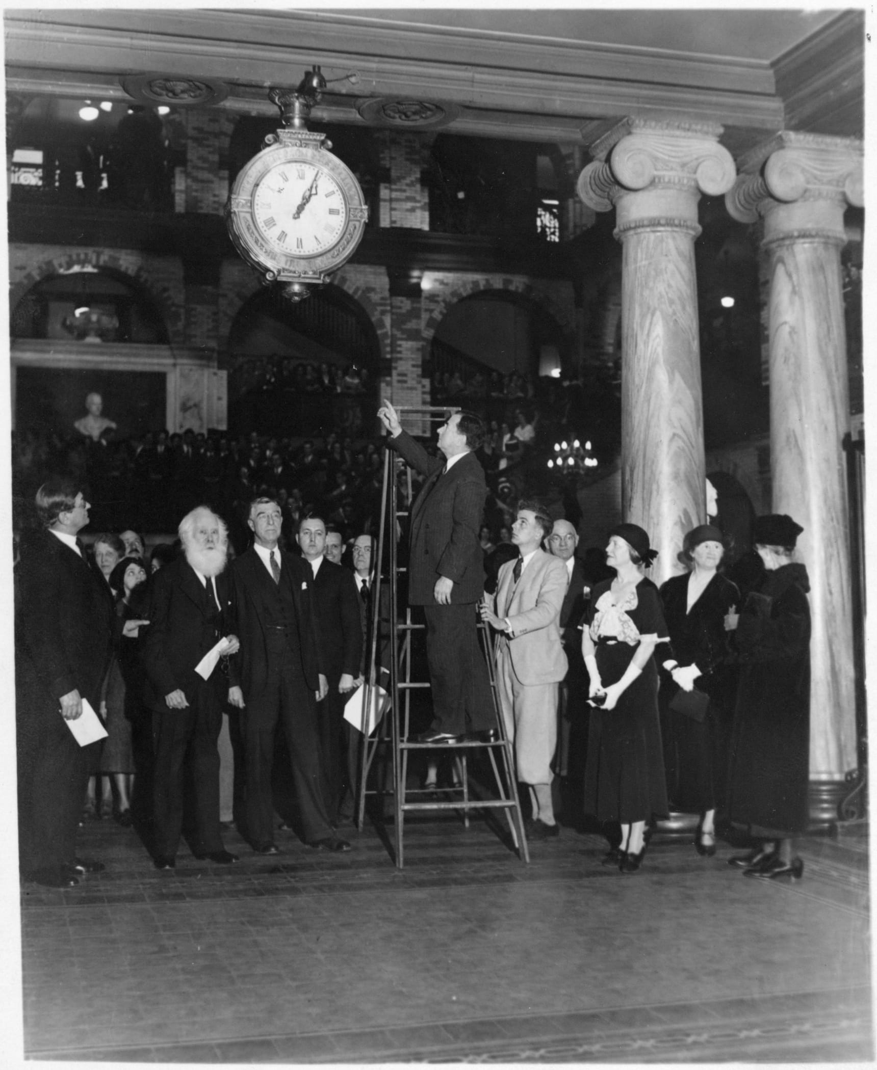 A photograph from the clock's 1932 dedication ceremony. Photo courtesy University Archives.