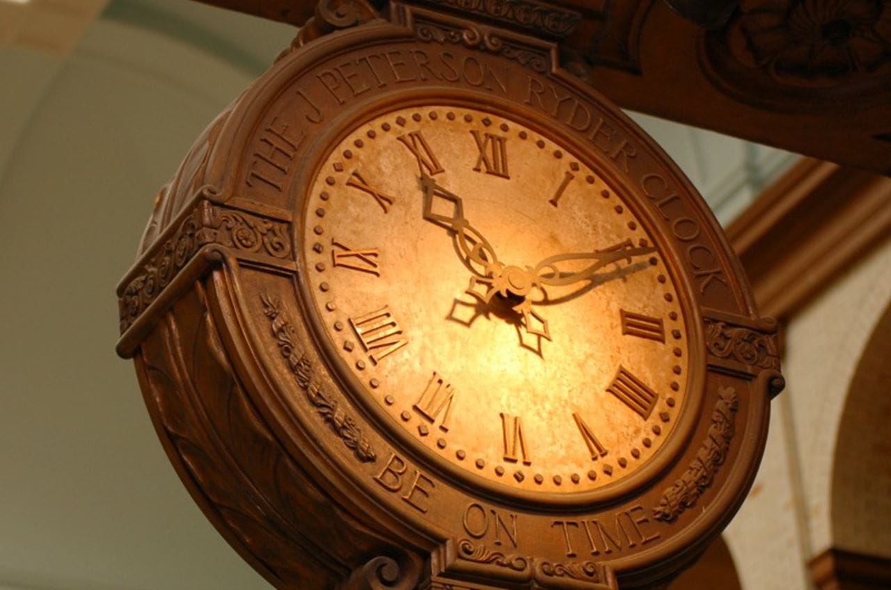 A close-up of the face of the J. Peterson Ryder Memorial Clock.