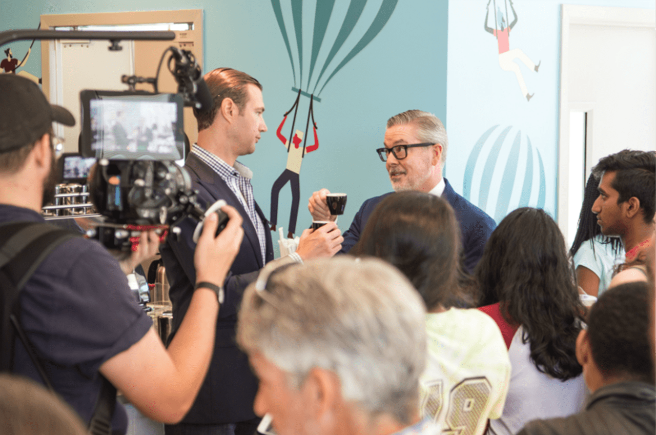 Drexel President John Fry, right, with Saxbys CEO Nick Bayer.